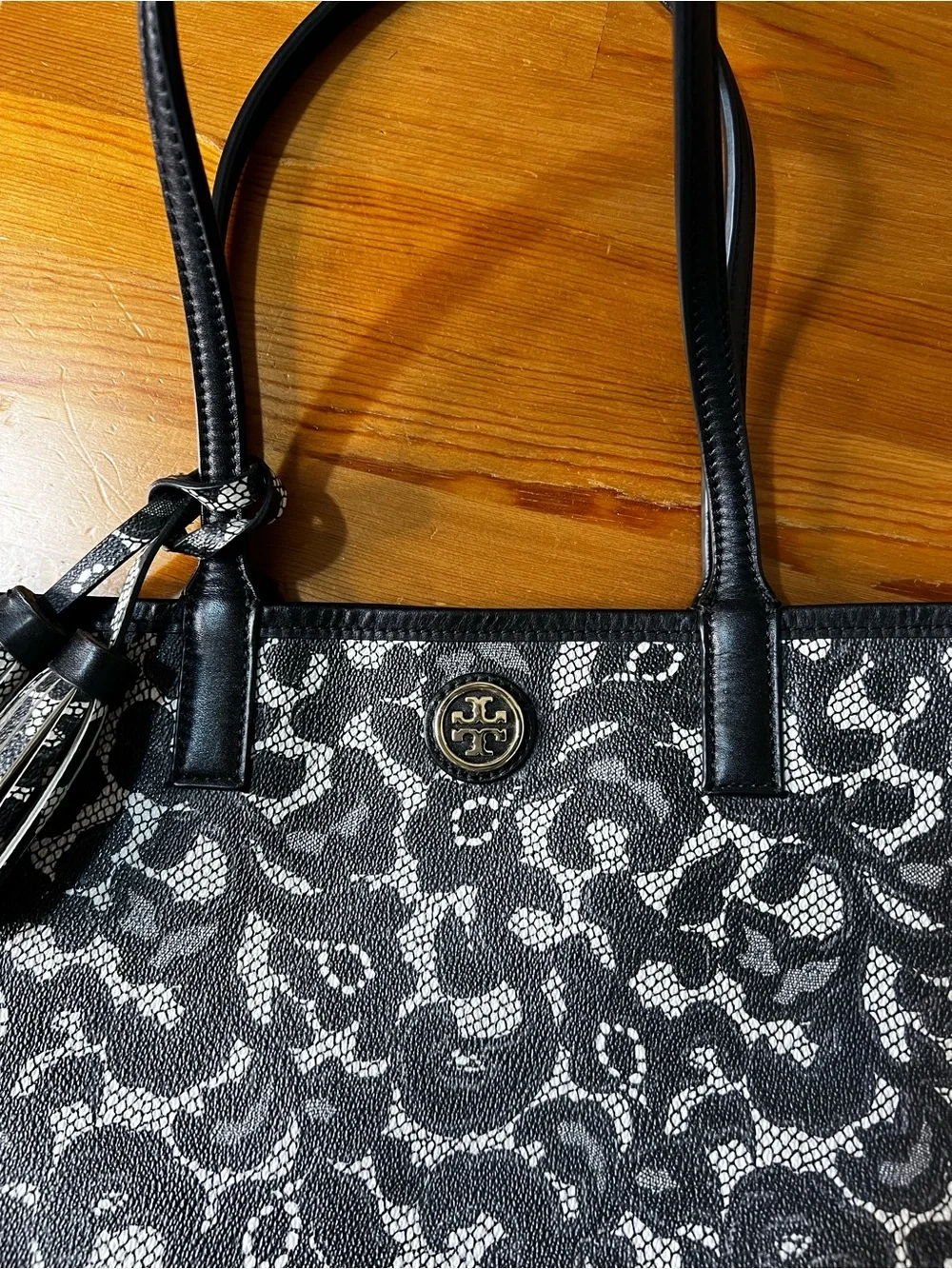Tory Burch Black and White Lace-Print Tote with Wristlet